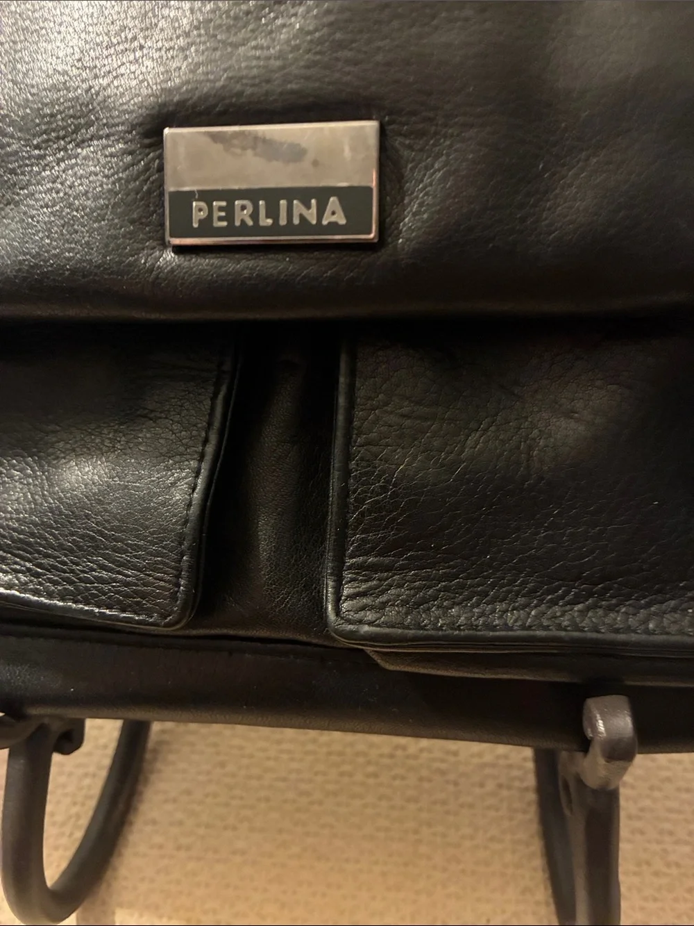 Vintage Perlina NYC Black Minimalist Messenger Satchel Genuine   Leather
